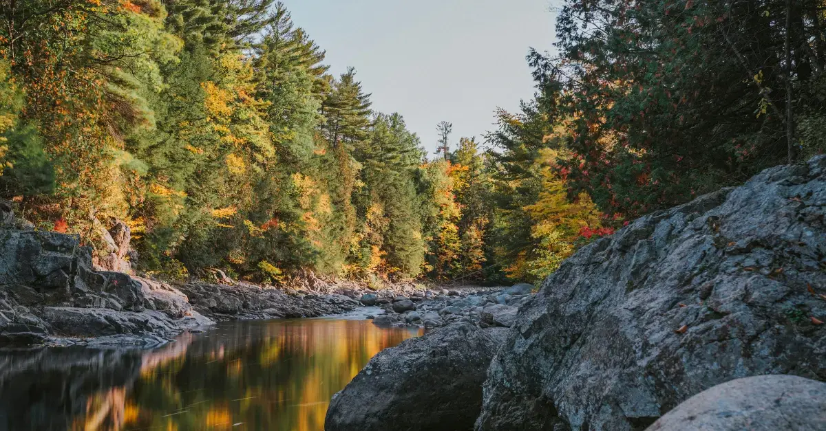 Sunset reflecting over an Adirondack lake with a canoe at the shoreline.